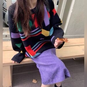 Colorful Geometric Knit Sweater & Purple Corduroy Skirt Set